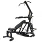 Black multi-function home gym with padded seat and leg extension, featuring adjustable handles and lever-based resistance sys
