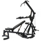 Black Powertec Workbench Levergym multi-exercise machine with adjustable seat, arm handles, and leg press platform on white b