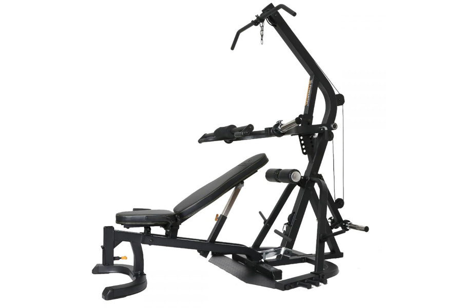 Black Powertec Workbench Levergym multi-exercise machine with adjustable seat, arm handles, and leg press platform on white b