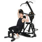 Man using black Powertec Levergym with yellow accents, seated on attached bench, demonstrating chest press exercise on white 
