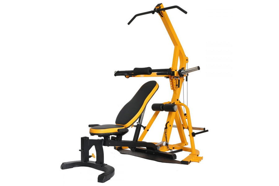 Yellow and black Powertec Workbench Levergym home fitness machine with adjustable seat and handlebar, on white background