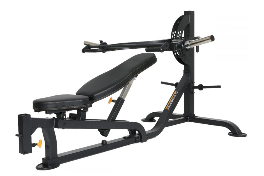 Black and gray weight bench with leg press attachment, barbell rack, and adjustable seat on white background