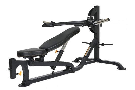 Black and gray weight bench with leg press attachment, barbell rack, and adjustable seat on white background