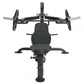 Black multi-functional weight press machine with padded seat, barbell bars with weight plates, and adjustable leg attachment 