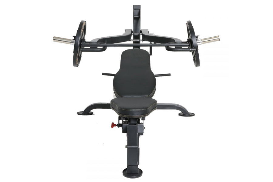 Black multi-functional weight press machine with padded seat, barbell bars with weight plates, and adjustable leg attachment 