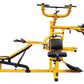 Yellow and black multi-station home gym with leg press, chest press, lat pulldown, and ab crunch stations on white background
