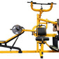 Yellow and black multisystem home gym with weight plates, leg press station, and chest press machine, demonstrated by user in