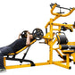Yellow and black multi-station home gym with chest press, leg press, and lat pulldown stations, man demonstrating on white ba