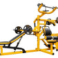 Yellow and black multi-station home gym with leg press, bench, cable machine, and weight plate storage on white background