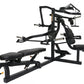 Black multi-station home gym with weight bench, leg press, chest press, and lat pulldown attachments on white background