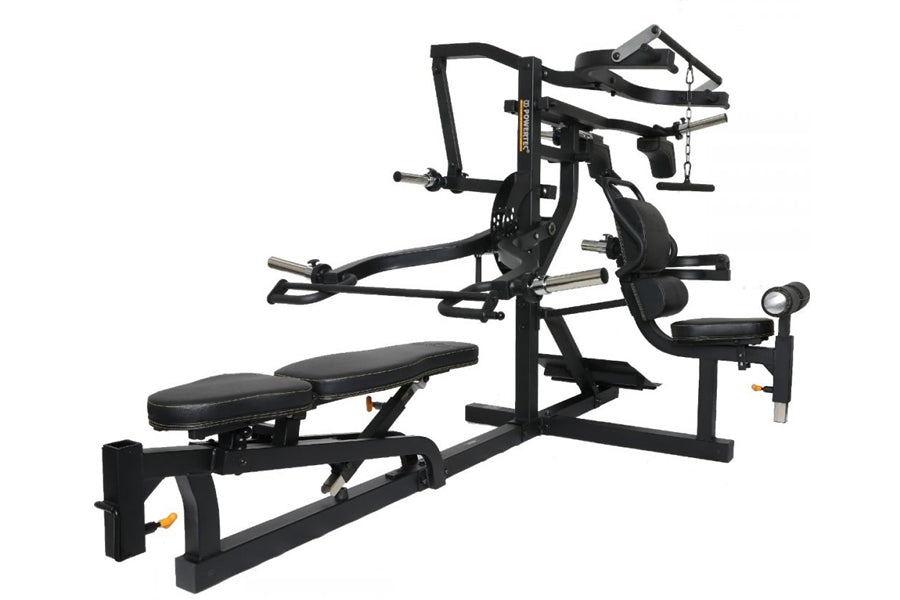 Black multi-station home gym with weight bench, leg press, chest press, and lat pulldown attachments on white background