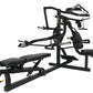 Black multi-station home gym with weight bench, leg press, upper body exercise arms, and silver accents on white background