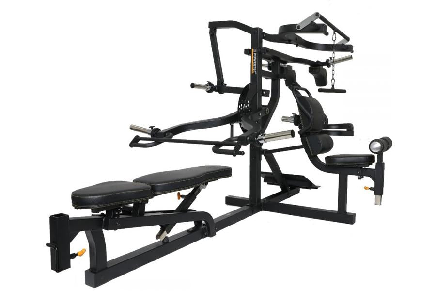 Black multi-station home gym with weight bench, leg press, upper body exercise arms, and silver accents on white background