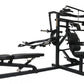 Black multi-station home gym with leg press, chest press, and lat pulldown equipment on white background
