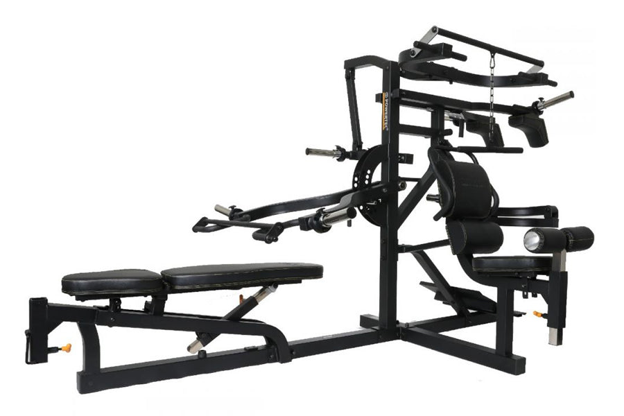 Black multi-station home gym with leg press, chest press, and lat pulldown equipment on white background