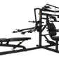 Black metal multifunctional home gym with leg press, chest press, and lat pulldown stations on white background