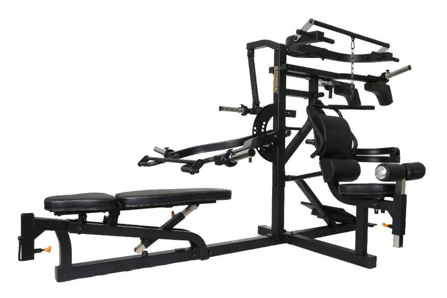 Black metal multifunctional home gym with leg press, chest press, and lat pulldown stations on white background