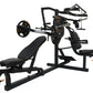 Black multisystem home gym with weight bench, barbell attachment, leg press, and adjustable padded seat on white background