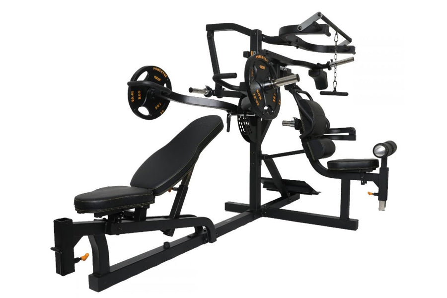Black multisystem home gym with weight bench, barbell attachment, leg press, and adjustable padded seat on white background