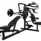 Black and yellow Powertec Workbench multisystem home gym with adjustable bench, barbell rack, and leg press station on white 