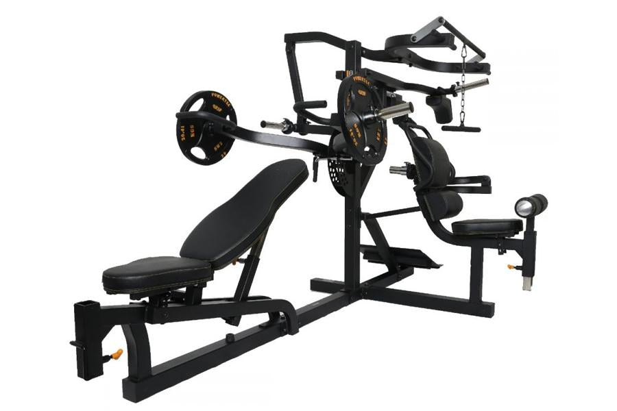 Black and yellow Powertec Workbench multisystem home gym with adjustable bench, barbell rack, and leg press station on white 