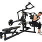 Black and gold multi-station home gym with seated man demonstrating leg press, featuring adjustable weight plates and padded 