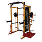 Gold and black power rack with cable machine, barbell holders, and red base platform on white background