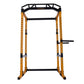 Black and yellow steel power rack with adjustable j-hooks and safety bars, on white background