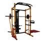 Powertec WorkBench Power Rack with yellow steel frame, black safety bars, red foot platform, and barbell pegs on white backgr