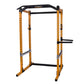 Powertec yellow and black power rack with adjustable holes, safety bars, and pull-up bar on white background