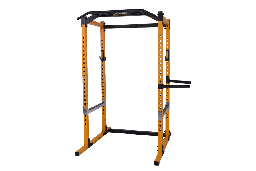 Yellow and black Powertec power rack with adjustable holes, pull-up bar, and safety spouts on white background