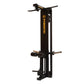 Black Powertec lat tower with gold lettering, featuring adjustable arms and weight stack, on white background