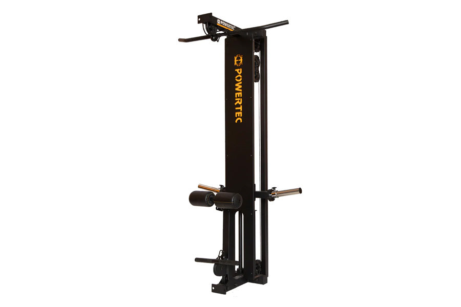 Black Powertec lat tower with gold lettering, featuring adjustable arms and weight stack, on white background