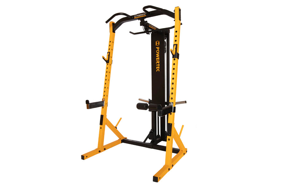 Powertec WorkBench Lat Tower Option with yellow steel frame and black central column on white background