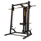Powertec WorkBench black smith machine with lat tower attachment, copper weight bars, and adjustable lever arms on white back
