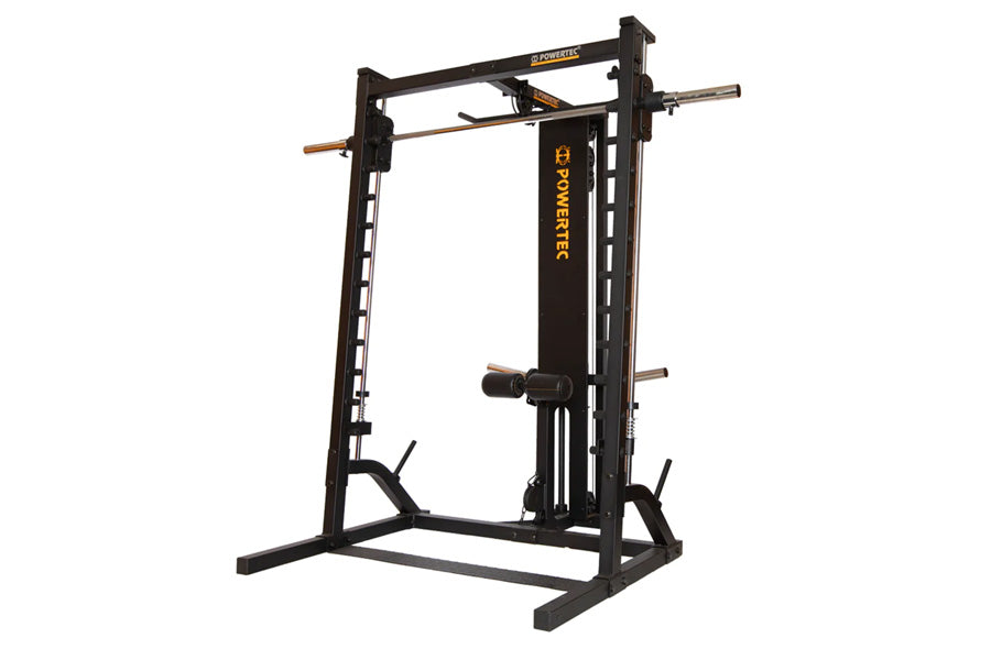 Powertec WorkBench black smith machine with lat tower attachment, copper weight bars, and adjustable lever arms on white back
