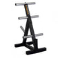 Black and silver weight plate storage rack with three horizontal bars and triangular frame on white background