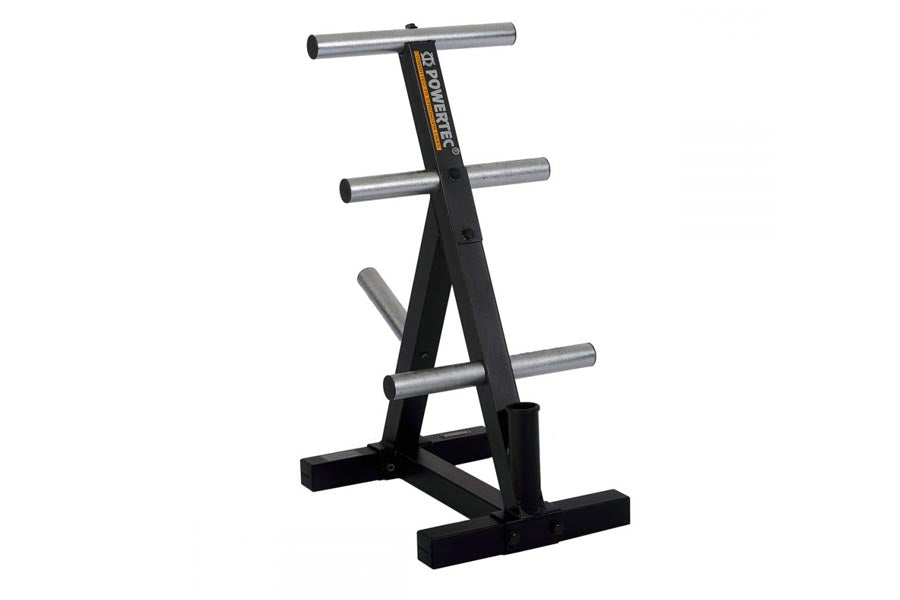 Black and silver weight plate storage rack with three horizontal bars and triangular frame on white background