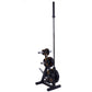 Black and gold weight plate storage rack with vertical bar holder and horizontal plate pegs on white background