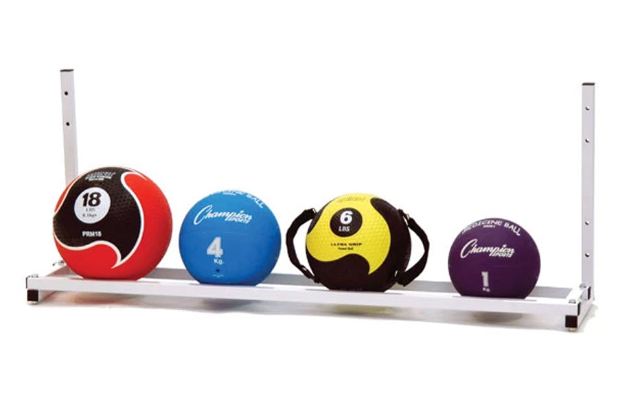 Wall-mounted medicine ball rack with white aluminum frame holding four colored exercise balls: red 18lb, blue 4lb, yellow 9lb