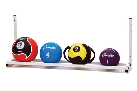 Wall-mounted medicine ball rack with white aluminum frame holding four colored exercise balls: red 18lb, blue 4lb, yellow 9lb