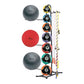 Warrior multi-purpose fitness storage rack with gray stability balls, red medicine ball, and stacked medicine balls ranging f