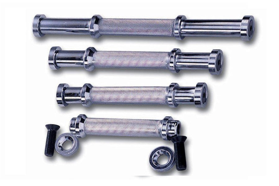 Four chrome dumbbell handles with textured grip centers and threaded metal ends on white background
