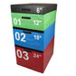 Stackable plyo box set with three colored sections labeled 01-03 in green, blue, and red, displaying heights of 6", 12", 18",