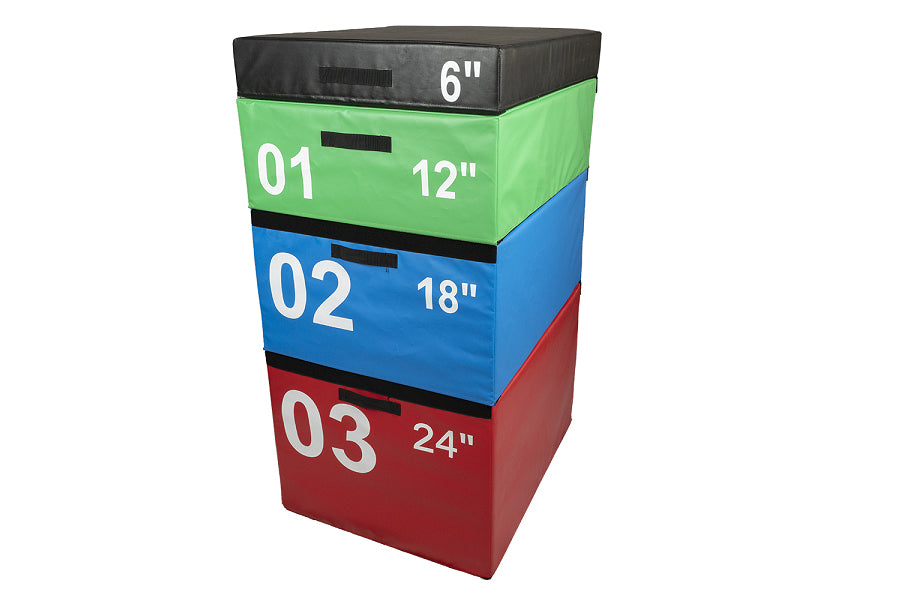 Stackable plyo box set with three colored sections labeled 01-03 in green, blue, and red, displaying heights of 6", 12", 18",