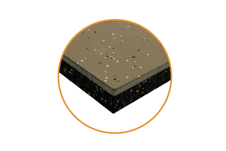 Warrior Multilayer Interlocking Rubber Gym Flooring Tile in cedar with black rubber base layer, shown in cross-section view