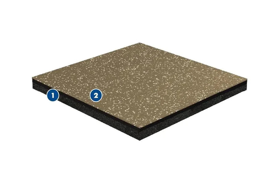 Warrior Multilayer Interlocking Rubber Gym Flooring Tile in cedar with black base layer, shown at angle on white background
