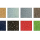 Eight rubber gym flooring tile color options displayed in flat lay: tan, sage green, gray, brown, navy, olive, red, and brigh