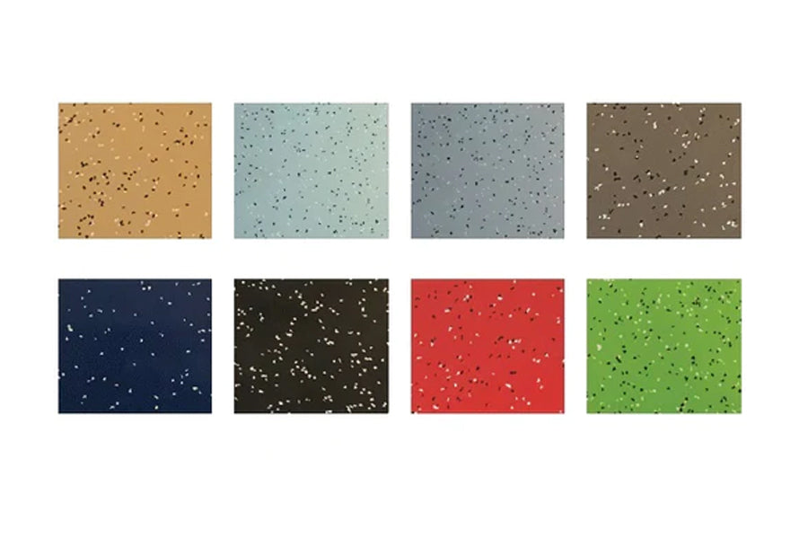 Eight rubber gym flooring tile color options displayed in flat lay: tan, sage green, gray, brown, navy, olive, red, and brigh