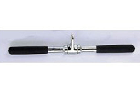 Warrior Revolving 14-inch solid straight bar with chrome center and black grip handles on white background